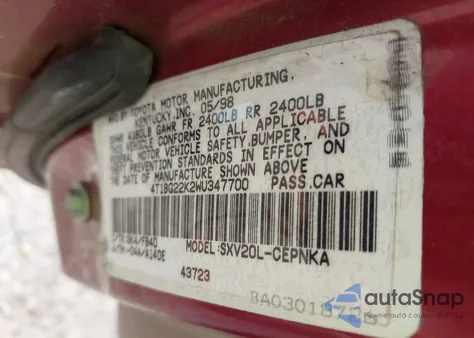 1998 Toyota Camry Ce/Le/Xle z USA, uszkodzony, nr VIN 4T1BG22K2WU347700